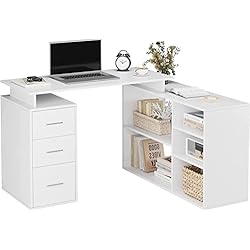 FirFurd Escritorio en L con 3 Cajones y Estantería, Mesa Escritorio en Forma de L, Escritorio Esquinero para Ordenador, Escritorio Blanco, Escritorio Juvenil, Mesa para Estudio, Oficina, Moderno