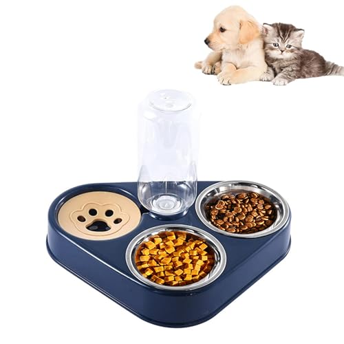 Kakbrt Ecuelle Chat,Bol de Chat en Acier Inoxydable,Bol pour Animaux de Compagnie 3-en-1 avec Stockage d'eau Automatique,Double Bol pour Chat et Chien,Amovible pour Un Nettoyage Facile (Bleu)