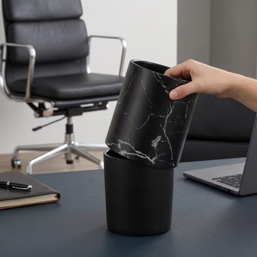 HOLIDYOYO Double Layer Marble Pattern Trash Can Round Garbage Bin 8L Black Waste Basket Container for Kitchen Bathroom Home Office Hotel by HOLIDYOYO - Image 3