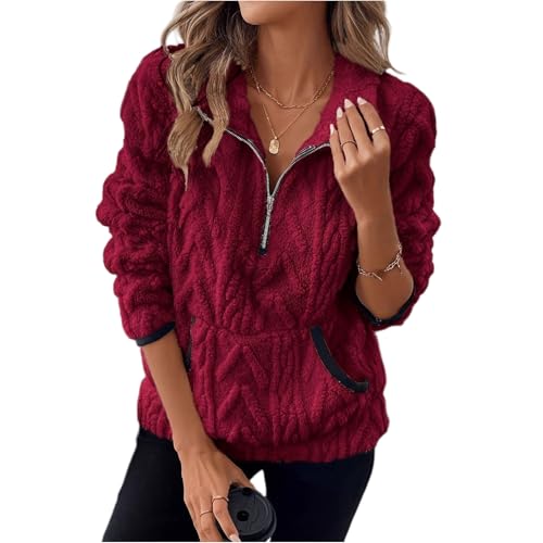 Rikbuig Maroon 3/4 Zip Pullover Womens Fleece Oversized Half Zip Sweatshirt