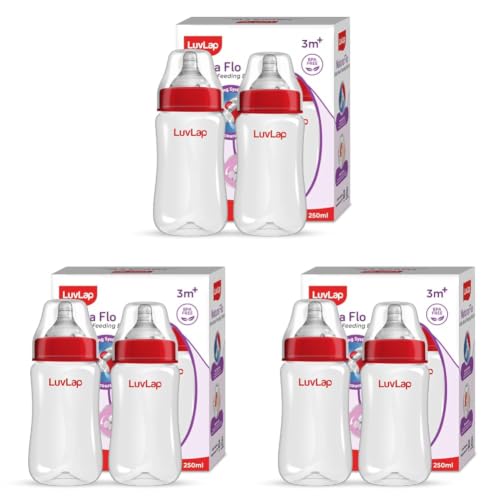 Image of LuvLap Anti-Colic Wide Neck Natura Flo Baby Polypropylene and Silicone Feeding Bottle, 250Ml (Pack of 6), New Born /Infants /Toddler Upto 3 Years, BPA Free, Pack of 6, White & Red
