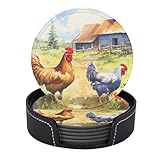 Farm Chicken and Rooster in The Grass Design Drink Coasters with Holder,Waterproof Coasters Set of 6,Pu Leather Coasters for Man,Woman,Kids,4 Inches