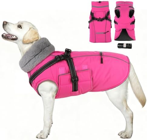 PETDSH Dog Coat Large, Built-in Harness Dog Jacket with Warm Fleece Lining, Waterproof Reflective Dogs Winter Coat, Pet Coats with Pocket and Trash Bags (Pink, XX-Large)