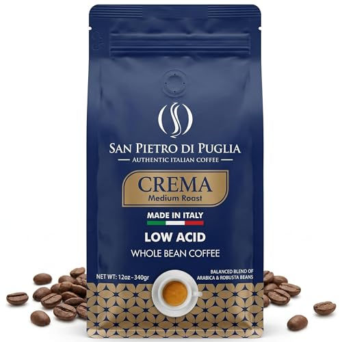 Whole Bean Coffee Medium Roast, Super Crema Arabica and Robusta Blend, Low Acid, Bold & Nutty Flavor, 12oz Bag, Fresh Artisan Roast from Puglia