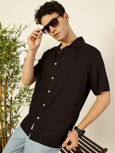 Image of Thomas Scott Men Half Sleeves Camp Collar Oversize Fit Solid Casual Shirt