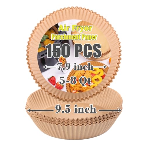 GOAUS Air Fryer 150 Pcs Round Paper Liners Disposable Large for 5 to 8 Qt Basket, 7.9 inch Unbleached Non-stick Oil-proof Parchment Paper by GOAUS - Used condition - US$8.55