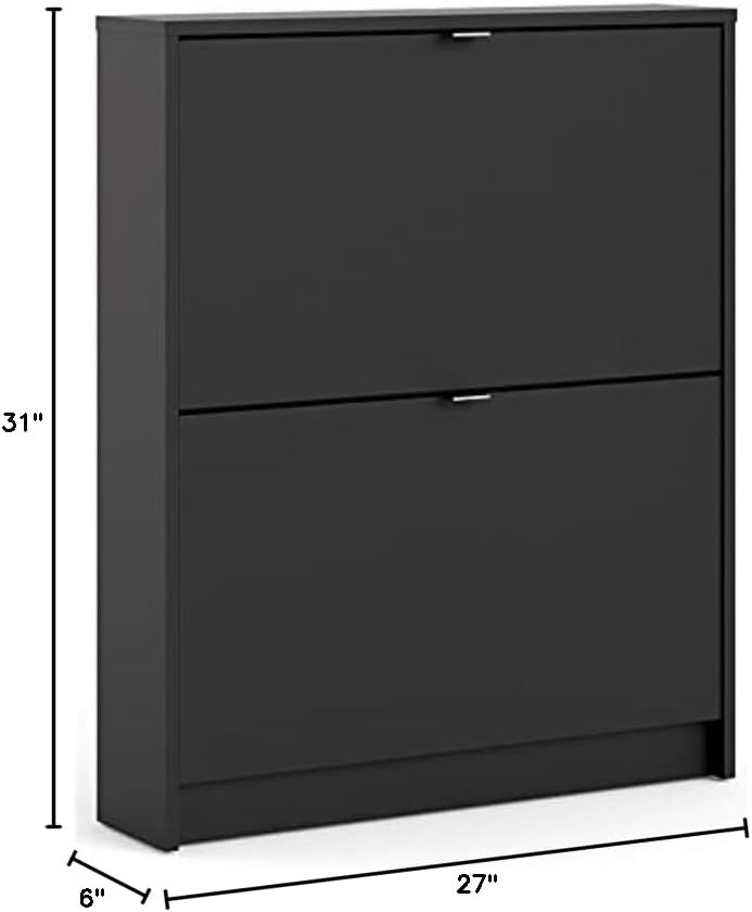 Dimensions of the Tvilum Bright 2 Drawer Shoe Cabinet: 31 inches high, 27 inches wide, and 6 inches deep.