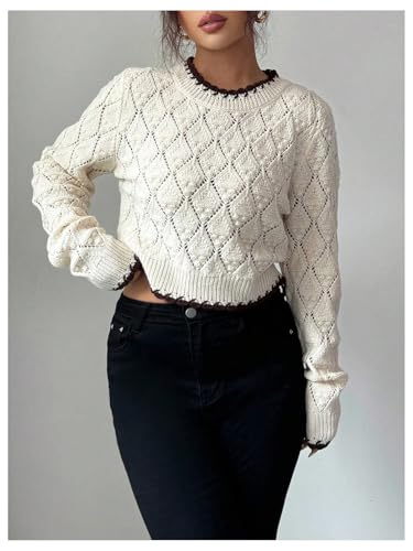 Women's Hollow Out Crochet Cropped Sweater Lightweight Long Sleeve Crew Neck Knitwear Top Fall Outfits3