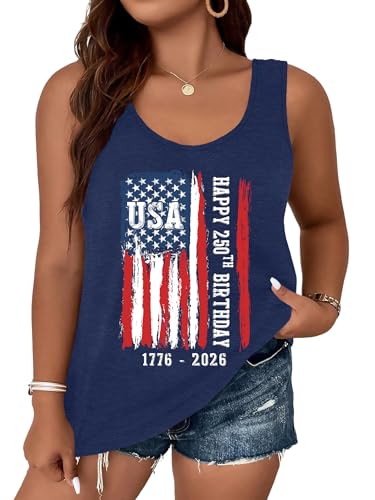 Image of Ithalt Plus Size 4th of July Tops for Women American Flag Tank Tops USA Patriotic Shirts Red White and Blue Sleeveless