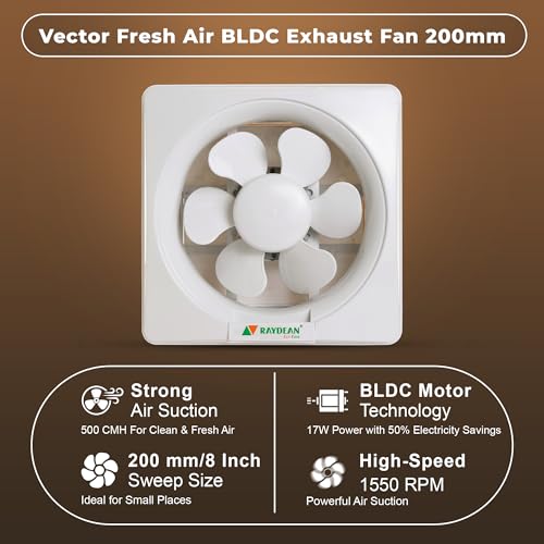 Image of RAYDEAN BLDC Exhaust Fan 200mm (8 inches) for Bathroom, Kitchen | 17W BLDC Motor | Air Delivery 500 CMH | 1550 RPM | Easy to Clean | Quiet Operation | Cut-out Size 240 mm | White | 2 YR WTY