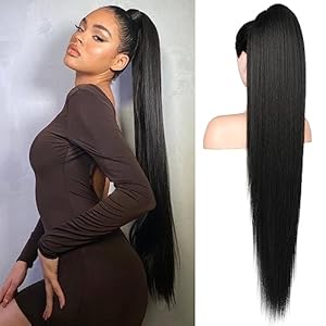Flufymooz ponytail extension, 36 Inch Long Straight Drawstring Ponytail Synthetic Hairpieces Fake Pony Tails Natural Soft Clip in Hair Extension ponytail for Women (Natural Black)