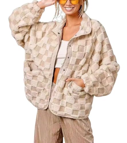 chouyatou Women Winter Casual Checkered Fleece Jacket Fuzzy Oversized Sherpa Jacket Shacket Faux Fur Coat