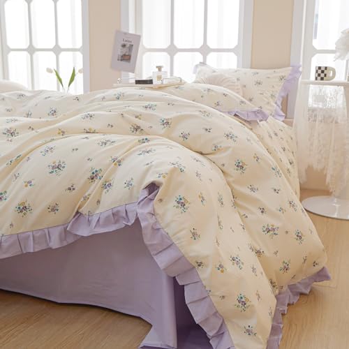 Image of Purple Floral Comforter Set Full Girls Princess Bedding Ruffle Comforter Set Vintage Flowers Cottagecore Comforter with 2 Pillowcases Botanical Floral Bedding Lightweight Bed Set for All Seasons