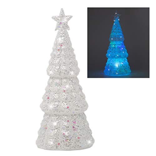 White Frosted Christmas Tree - LED Lighted Table Top Glass Tree Figurine with Iridescent Glitter Accents - Holiday Centerpieces Window Tabletop Mantel