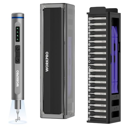 WORKPRO Mini Electric Screwdriver with Magnetizer, 36 S2 Steel Bits & 2 Pry Bars, 3.7V Rechargeable Precision Screwdriver Set for Phone Camera Laptop by WORKPRO - Used condition - US$33.99