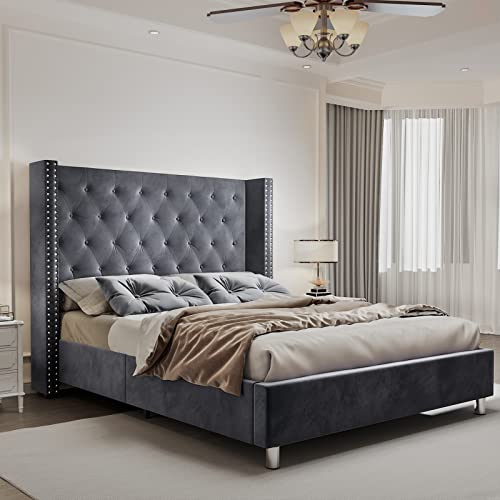 Papajet Queen Size Velvet Low Profile Platform Beds Tufted Upholstered Platform Bed Frame Raised Wingback Headboard With Strong Wooden Slats/Mattress Foundation/No Box Spring Needed/Easy Assembly #TOP5
