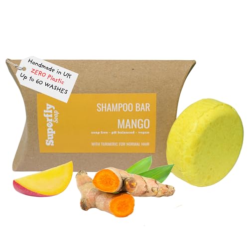 Image of Solid Shampoo Bars for Hair UK Made - Mango scent with Turmeric for normal hair. SLS and Soap Free Shampoo Bar. Plastic free and vegan friendly. 98% natural ingredients. Handmade Eco Shampoo Bar.