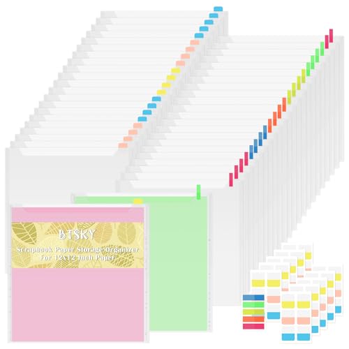 Image of BTSKY 45PCS 12x12 Scrapbook Paper Storage Organizer Top Loading Plastic Paper Storage Clear Craft Organizers and Storage Holder with 160 PCS Sticky Index Tabs for Scrapbook Vinyl Paper Cardstock etc.