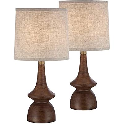 360 Lighting Rexford Mid Century Modern Table Lamps 24 Tall Set of 2 Walnut Brown Faux Wood Off White Drum Shade for Bedroom Living Room House Home Bedside Nightstand Office Kids Family
