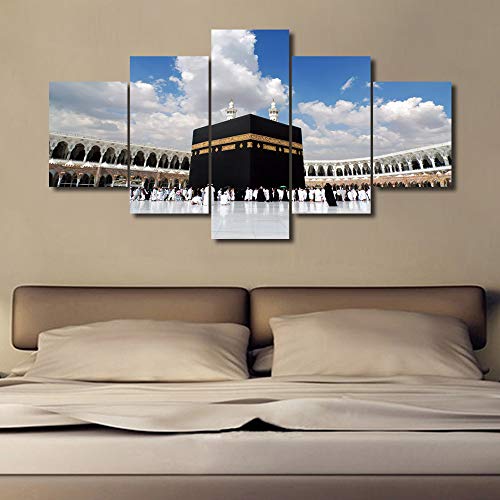 Modern Islamic Religion Wall Art Home Decor Pilgrimage Canvas Painting For Living Room Holy Mosque Prints And Poster Hd Pictures Office Wall Decoration Stretched And Framed 5 Piece(60"W X 32"H) #TOP2