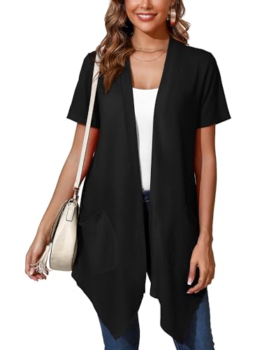 Image of Women's Lightweight Open Front Cardigans Short Sleeve Casual Soft Sheer Cardigan S-2XL with Pockets