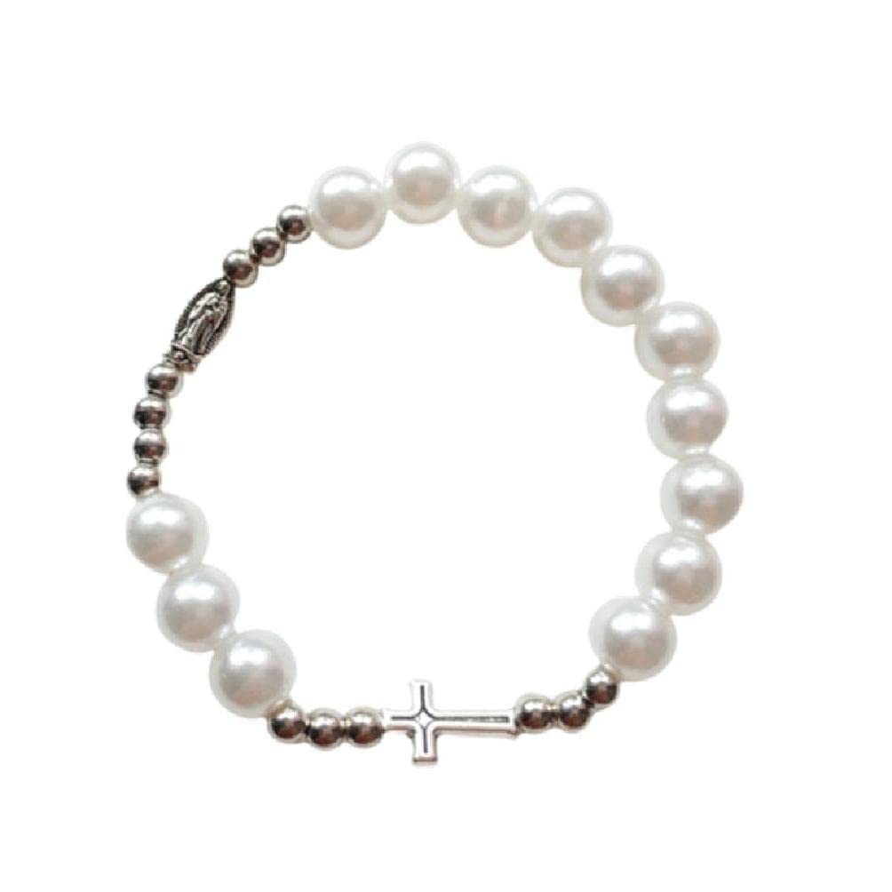 Vintage Women Beaded Stretch Rosary Bracelet With Cross Baptism Rosaries Prayer Catholic Jewelry Men Religious Gift Cross Wristband