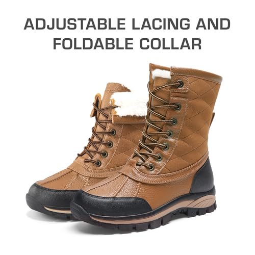 DREAM PAIRS Women's Winter Snow Boots, Warm Faux Fur Collar, Splashproof Vegan Leather, Lace-Up Mid Calf, Anti-Slip Sole, Shock-Absorbing Comfort, Outdoor Walks, Size 11,Chestnut,SDSB2401W