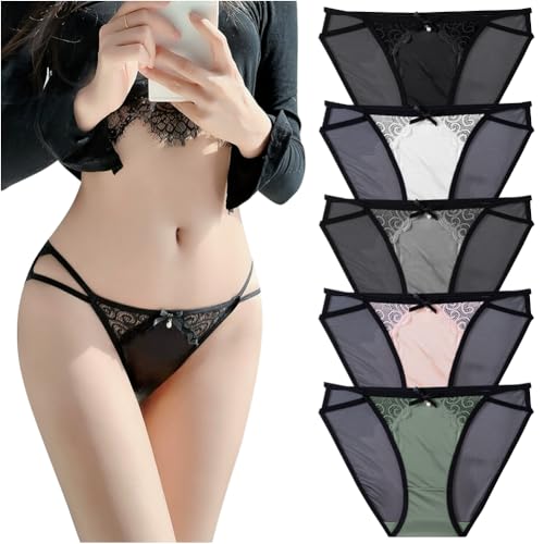 [HINICE] ショーツ レディース サテン フルバック リボン付き セクシー ヒップスケスケ ゴム紐パン レース レギュラー かわいい おしゃれ 5枚入り（Lサイズ）