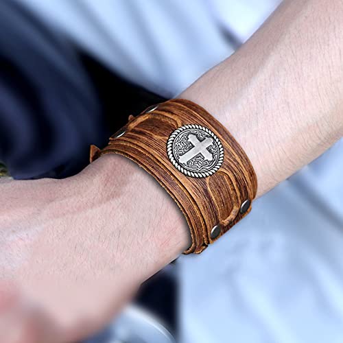 Nightcruz Wide Leather Bracelet With Cross, Medieval Leather Cuff Wristband For Mens #TOP4