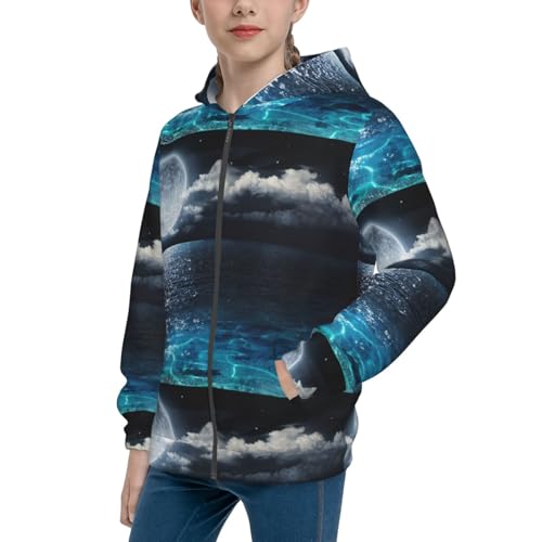 Moon Illuminating The Ocean Kids Pullover Hoodies Boys Zip Up Sweatshirts Girls Athletic Clothes with Pocket