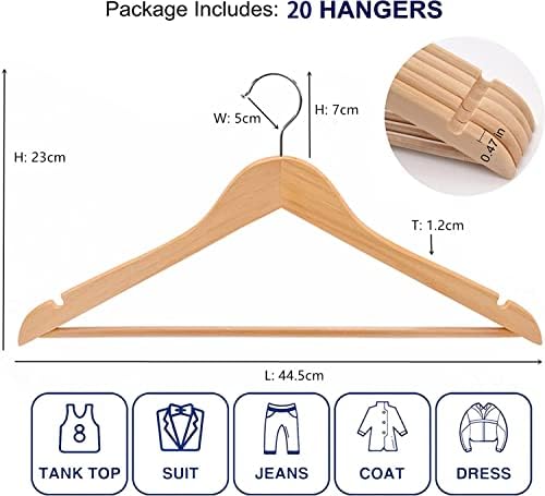 Amber Home 44.5cm Natural Wooden Coat Hangers 20pcs, Space Saving Wood Clothes Hanger with Non Slip Pants Bar and Shoulder Notches, Suit Hangers Racks for Jacket Dress Blouse Shirt Trousers
