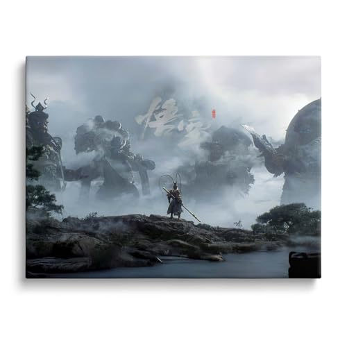 Black Myth Game Poster Chinese Culture Sun Wukong Canvas Art, Framed Mythology Poster Print, Cool Wall Decor for Home Office and Bedroom Great Gift for Enthusiasts 16x20nch