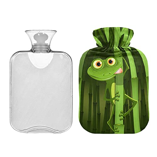 Bouillotte curieuse grenouille sur la bouillotte en bambou avec housse transparente - 1 l - Pour soulager les douleurs au cou et aux épaules - Pour les mains et les pieds - Thérapie chaude et froide Cover