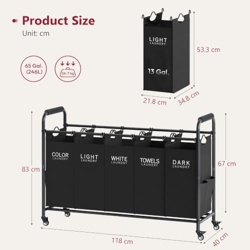 Tajsoon Laundry Sorter 5 Section, Clothes Hamper with Wheels, Black by Tajsoon - Used condition - Image 7