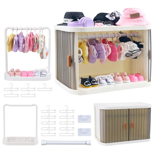 Foldable Doll Wardrobe Closet Storage Box Compatible with Labubu Clothes with 15 Hangers & Rod - Stackable Organizer Cabinet for 15/17cm Doll Clothes with Dust-Resistant Cover and Display Shelf
