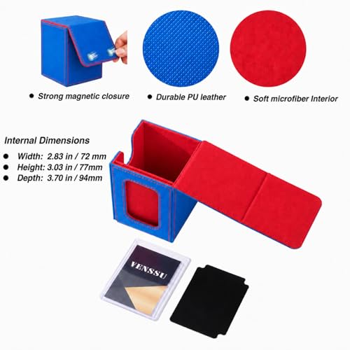 Image of Venssu MTG Deck Box for Commander Display,Card Deck Box Fits 100 Double Sleeved Cards,TCG with 2 Dividers and 1 Toploader (Blue and Red)
