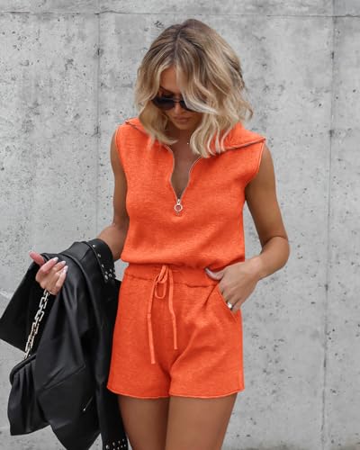 Yousify Women's Casual Sleeveless Short Rompers Summer Half Zip Lapel Collar Drawstring Knit One Piece Jumpsuit — view 2