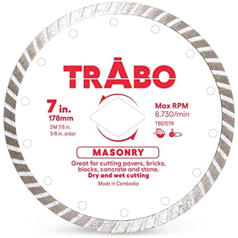 Trabo 7 Inch Masonry Turbo Rim Diamond Metal Bond Blade for Cutting Cement, Pavers, Concrete with Rebar, Natural Stone and More, with 7/8 Inch Arbor with 5/8 Inch Reducer Ring Cover