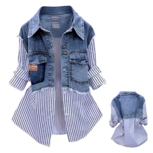 VSDFAW Women's Striped Denim Splicing Fake Two-Piece Shirt, Women Long-Sleeved