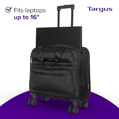 Targus 16” Transit 4-Wheel Rolling Laptop Bag, Lightweight Multi-Compartment Carry-On Rolling Briefcase for Women Men, Laptop Bag on Wheels, Telescopic Handle, Smooth-Gliding Wheels, Black (TBR044GL)