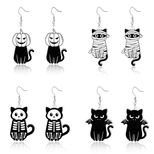 Halloween Earrings for Women, Halloween Jewelry for Women, Funny Halloweens Gifts for Woman, Cute Wooden Cat Ghost Skeleton Earrings for Woman Her Sister Friend Gifts