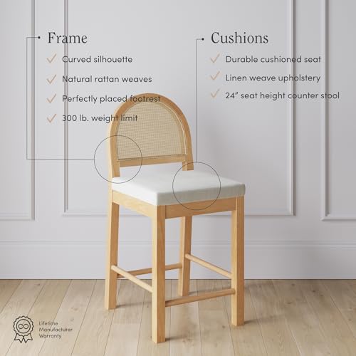 Nathan James Bailey Upholstered Rattan Bar Stool in Oak Finish Frame, Counter Height Stool with Natural Rattan Woven Back For Kitchen Island, Brown by Nathan James - Image 3