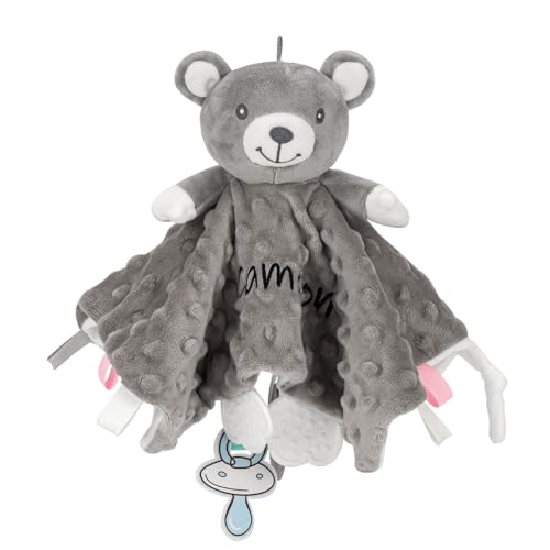 SIMYJOY Serviette de Bébé Jouets Doudou Personnalisé DIY avec Prenom, Couverture De Sécurité Personnalisé pour Bébé, Cadeau Fille Garçon Ours Gris