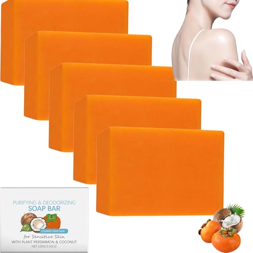 Jabón de ducha de coco con caqui, desodorante natural, jabón hecho a mano contra el olor corporal, jabón de glicerina hidratante, limpieza suave para mujeres y hombres, 100 g de jabón de baño vegano