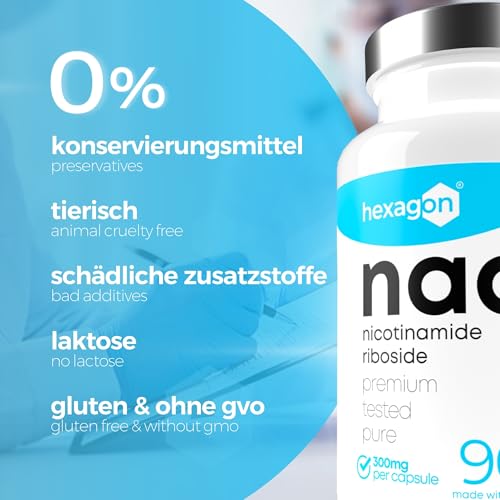 NAD+ Nicotinamide Riboside Chloride 300mg - +3 Monate Kur - NAD Booster - Anti-Aging & Gegen Müdigkeit - Made in France - 90 Vegetarische Kapseln - Vegan - Hexagon