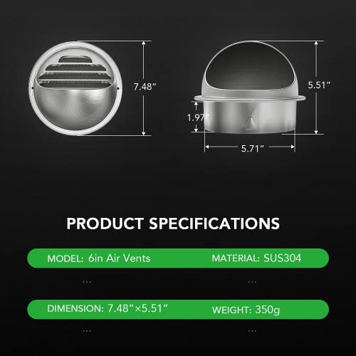 Power 6 Inch Soffit Air Vent 304 Stainless Steel Round Bull Nosed Screen Mesh For Home Bathroom, Kitchen, Office Ventilation, 2-Pack, Silver #TOP1