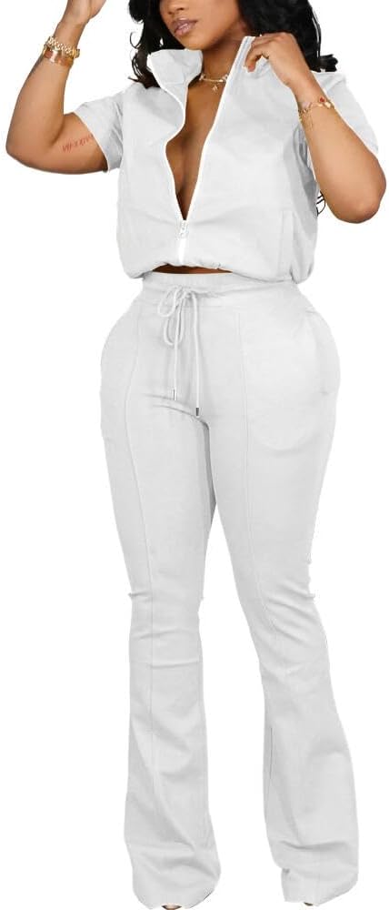 HBQ Women 2 Piece Outfits Sweatsuit Set Casual Lapel Zip Up Jacket Wide Leg Pant Lounge Set Tracksuit - Image 3