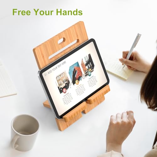 Pezin & Hulin Bamboo Tablet Stand Adjustable, Desktop Cell Phone Stand Holder Dock Compatible with Pad Air/Pro/Mini, E-Reader, Smartphone (Support to 4.7-13" Devices)-Bamboo