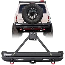 Cherokee Rear Bumper Textured Black Compatible with 1984-2001 Jeep Cherokee XJ w/Hitch Receiver & 2 LED Lights & D-ring & Spare Tire Bracket