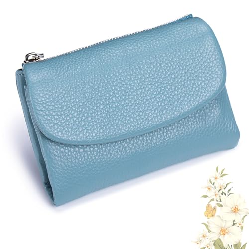 Unisex Pebble Leather Wallet，Short Slim Soft Genuine Leather Purse with Credit Card Holder & Cash Slots，Slim Multicolor Bifold Purse (linen blue)